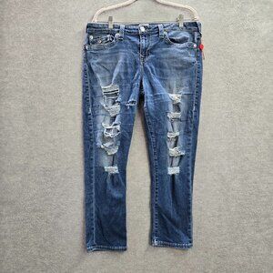 True Religion Women Jeans 33 Blue Denim Halle Capri Distressed 24" Inseam READ
